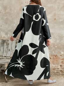 EMERY ROSE Vestido largo recto holgado de manga larga con cuello redondo y estampado floral para mujer talla grande, ropa de otoño - Multicolor - Ver 2