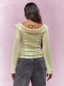 MISSGUIDED Y2K未来主义优雅露肩亮片喇叭袖上衣，闪耀派对衬衫，圣帕特里克节爱尔兰主题节日晚宴魅力庆典装扮，幸运符圣诞装扮