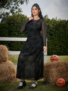 SHEIN EZwear Plus Size Women Halloween Spider Web Pattern Round Neck Long Sleeve Dress, Spring & Summer Clothes