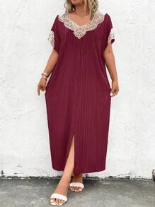 SHEIN LUNE Plus Size Nữ Mùa Hè Ren Chia Tay Cánh Dơi Thẳng Thẳng Thường Ngày - Màu Đỏ Sâu - Xem 1