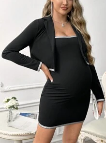 SHEIN 2pcs Maternity Long Sleeve Top & Spaghetti Strap Dress Set - Black - View 1