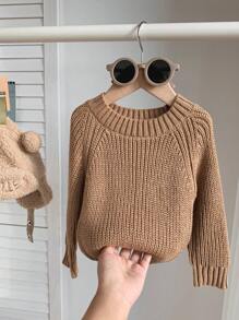 SHEIN Leap Crew Áo len chui đầu cổ tròn phong cách thể thao dễ thương cho bé trai, thích hợp cho mùa xuân, thu và đông, mặc trong nhà và ngoài trời - Màu Khaki - Xem 3