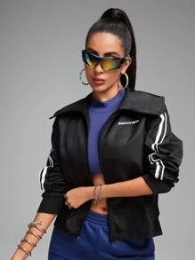 Innovista Damen Kontrast-Farbung einfacher bedruckter Langarm Sport Jacke, schwarze Jacken für Damen, Trainingsanzug