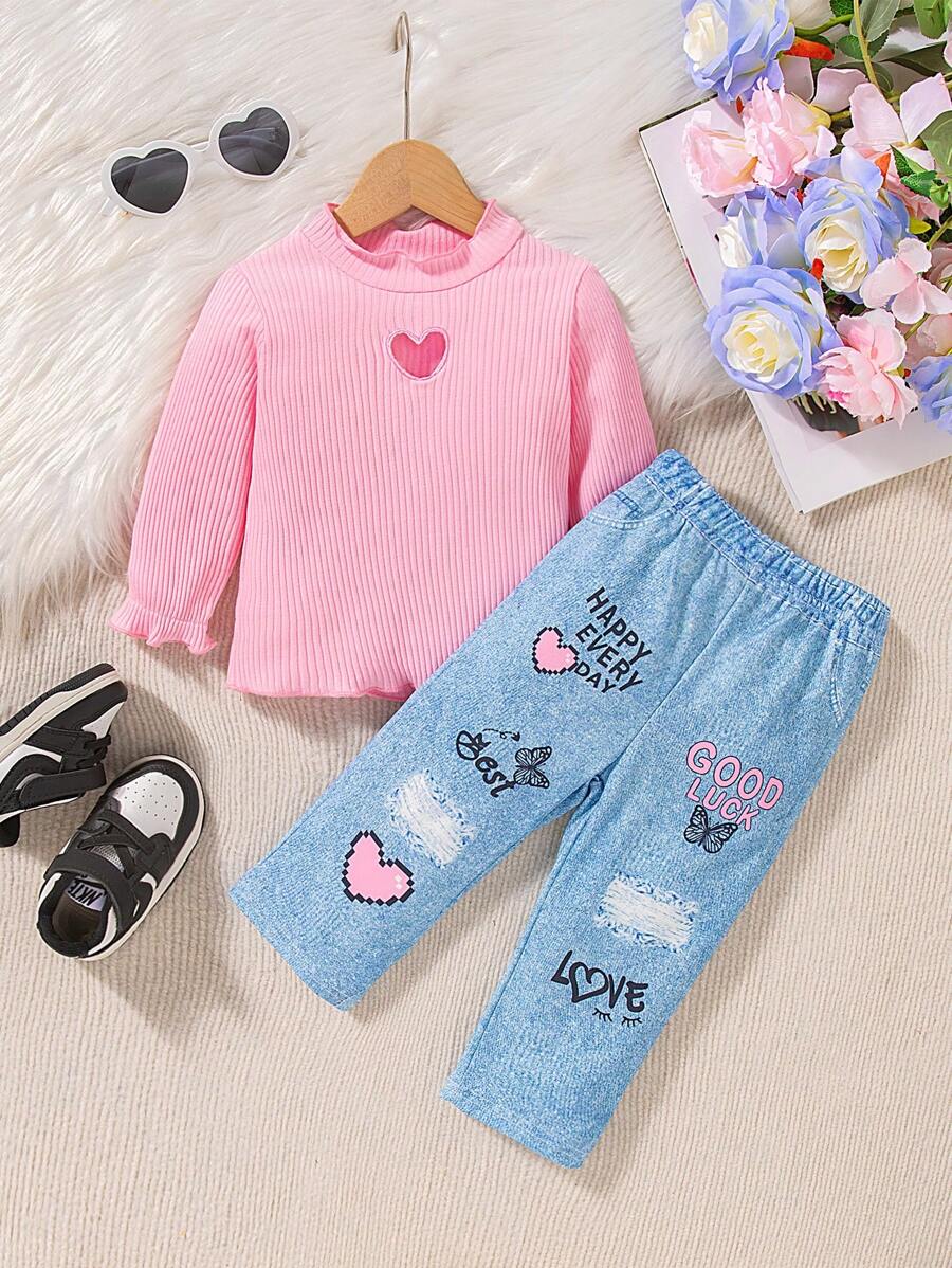 2 件套女婴高领长袖上衣和裤子套装，2024 年新款秋季舒适时尚可爱街头服饰 - 粉色 - 查看 1