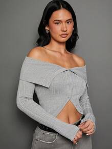 WESTFADE Cardigan tricoté côtelé avec épaules dénudées - Gris - Voir 5