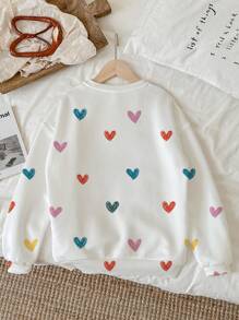 SHEIN EZwear Casual Cute Cute White Heart Print Loose Fit Crew Neck Long Sleeve Sweatshirt For Women, Autumn Back-To-School School - White - View 2