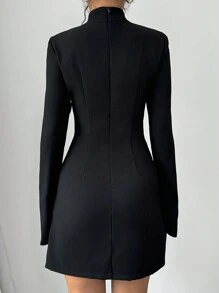 Selianne Damen Kleid mit stehendem Kragen, Langarm, falsche Tasche, schlicht, kurz, elegant - Schwarz - Übersicht 2