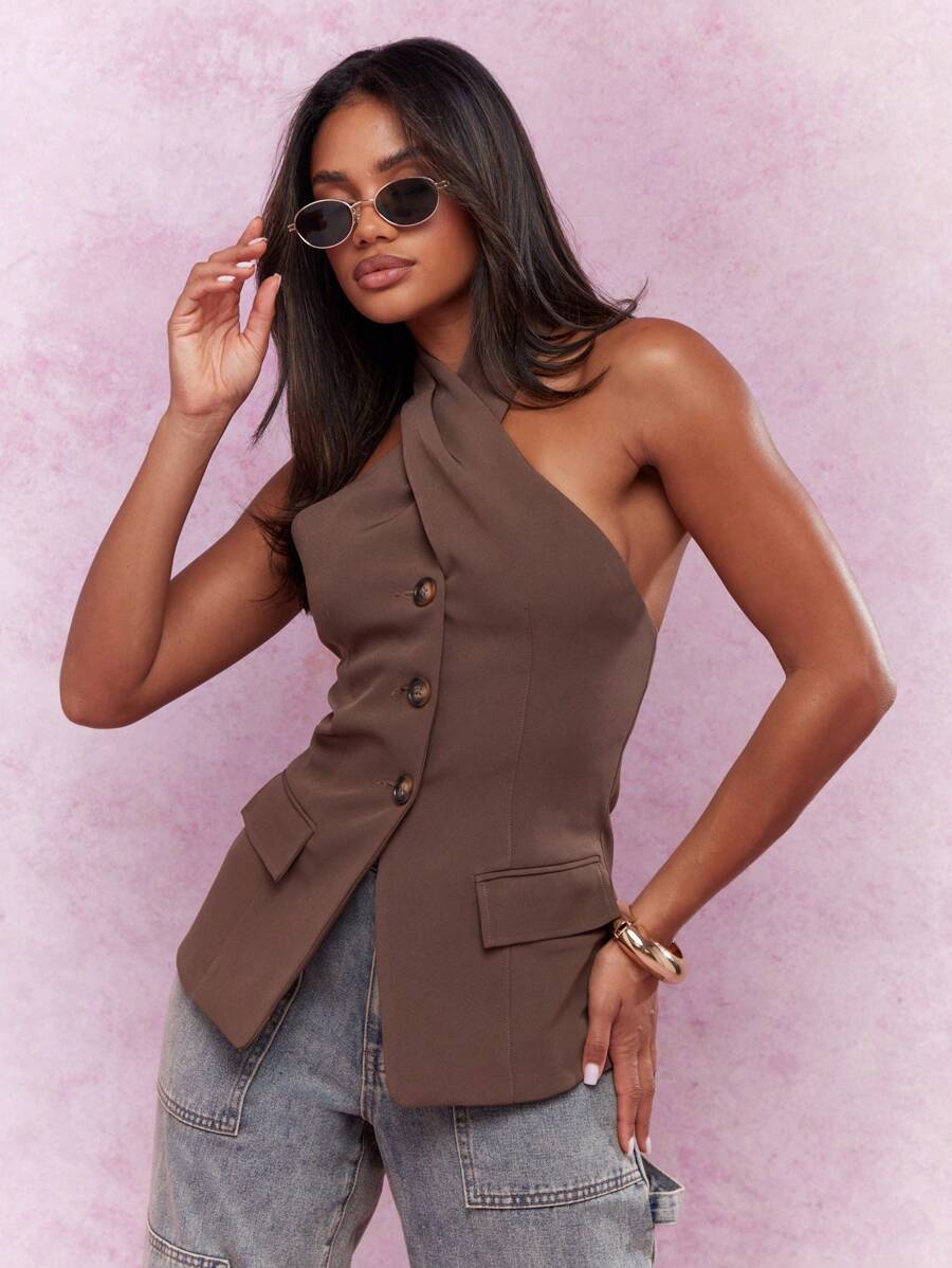 MISSGUIDED 带口袋的纽扣交叉挂脖露背背心 - 咖啡棕 - 查看 1