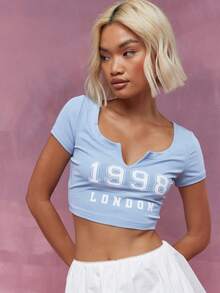 MISSGUIDED 深领短袖短款 T 恤，正面印有伦敦图案 - 淺藍色 - 查看 3