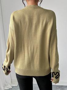 SHEIN LUNE Women's Crew Neck Long Sleeve Loose Fit Embroidered Striped Sweater, Casual Daily Knit Pullover Fall Winter Outfit