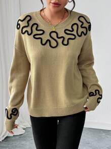 SHEIN LUNE Women's Crew Neck Long Sleeve Loose Fit Embroidered Striped Sweater, Casual Daily Knit Pullover Fall Winter Outfit