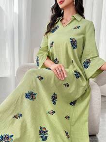 Al Najma Women's Floral Print 3/4 Sleeve Long Collar Arabian Modest Dress