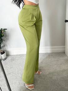 SHEIN SXY Women Casual Business Casual Solid Color Pleated Chino Pants High Waisted Pants In Summer Teachers' Day Office Olive Green - Green - View 6