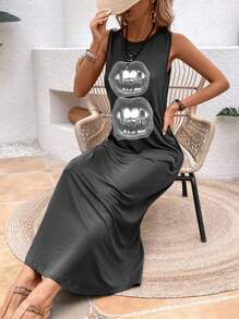 SHEIN LUNE 休闲圆领彩虹字母印花无袖连衣裙 - 深灰色 - 查看 5