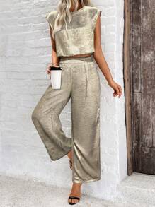SHEIN Clasi Solid Color Sleeveless T-Shirt And Pants Set