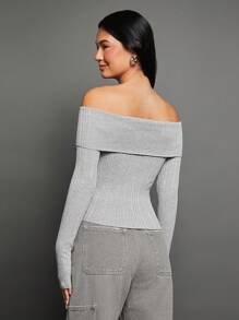 WESTFADE Cardigan tricoté côtelé avec épaules dénudées - Gris - Voir 4