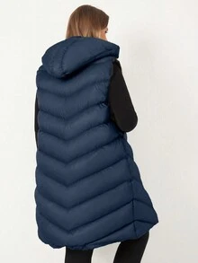 SHEIN Cottnline Abrigo acolchado sin mangas con capucha con cordón para mujer de talla grande - Azul Marino - Ver 2