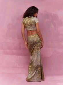 MISSGUIDED Luksusowy dwuczęściowy komplet festiwalowy ze zwierzęcym nadrukiem, metaliczny krótki top z pasującą spódnicą syrenką, idealny na przyjęcie z okazji Dnia Świętego Patryka, strój wieczorowy w irlandzkim stylu