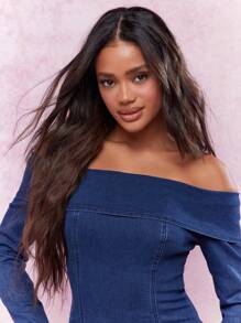 MISSGUIDED Zip Back Closure Off-Shoulder Long Sleeves Bodycon Mini Bardot Dress - Blue - View 3