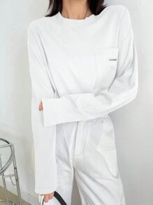DAZY Ladies Solid Color Basic Long Sleeve T-Shirt,Fall Clothes Preppy Tops - White - View 5