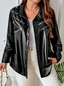 Calvaya 大码长袖水钻装饰仿皮机车风纽扣衬衫 - 黑色 - 查看 1