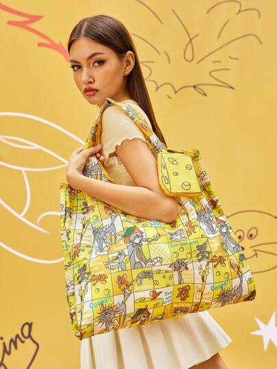 TOM & JERRY X SHEIN 1pc Full Printed RPET Foldable Reusable Shopping Bag, Fashionable Butter Yellow Bag For Women
