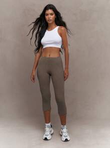 MISSGUIDED Embroidered Logo Textured Stripe Capri Leggings - Apricot - View 4