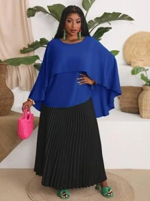 Slaydiva Áo cánh Dolman thanh lịch cổ tròn rộng rãi cho nữ cỡ lớn, mùa xuân/hè - Xanh đậm - Xem 5
