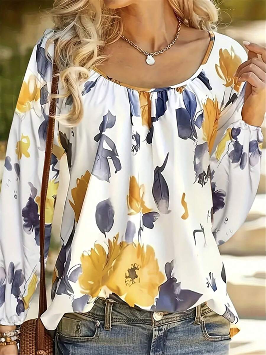 女士花卉印花长袖休闲衬衫 - 黃色 - 查看 1