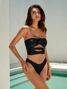 Swim Chiccia Women's 3D Flower Summer Black Tankini Top & Swim Bottom Tankini Set - Black - View 3