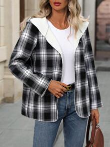 EMERY ROSE 女式休闲格子连帽羊毛夹克，秋冬季 - 彩色 - 查看 5