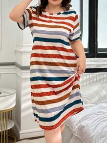 大码女式夏季条纹圆领短袖休闲T恤睡裙，宽松睡衣 - 彩色 - 查看 5
