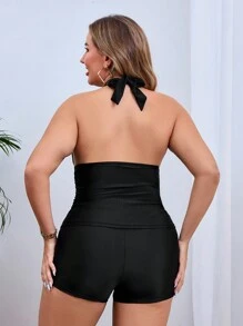 Conjunto de tankini de talla grande para mujer, de unicolor, con crop top y correa al cuello, para playa y vacaciones de verano - Negro - Ver 2