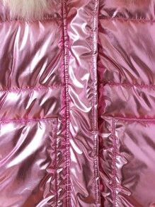 SHEIN Young Girls' Winter Fashionable Hooded Padded Coat With Laser Reflective Collar - Hot Pink - View 5