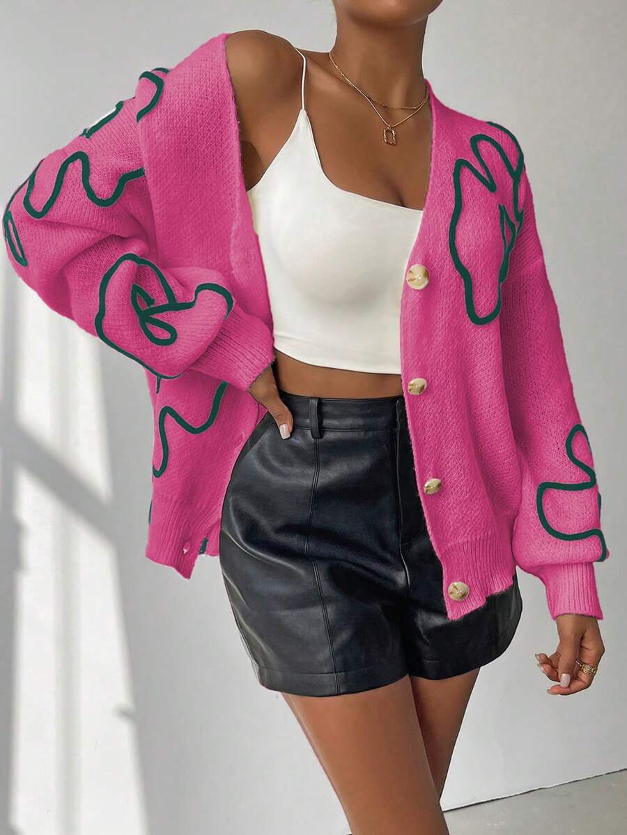 Chiquease Women's Line Patchwork Front Button Long Sleeve Minimalist Cardigan, Casual Daily Wear Fall Cloth For Women - Pink - View 1