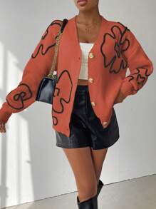 Chiquease Cardigan Kasual Wanita Motif Bunga, Lengan Panjang, Model Bahu Longgar, Kancing Tunggal, Pakaian Musim Gugur & Musim Dingin untuk Wanita - Jeruk - View 3