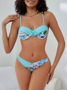 SHEIN Swim Conjunto de bikini sexy para mujer con estampado de plantas tropicales para playa de verano - Multicolor - Ver 3