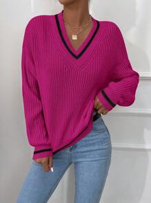 Cloudara Women's Casual Loose Fit V-Neck Striped Long Sleeve Pullover Sweater For Autumn  Fall Clothes  Fall Women Outfits - 玫紅色 - 查看 3