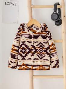 SHEIN Cute And Stylish Pattern Fleece Hooded Jacket Suitable For Autumn Winter Outings, Skiing, Birthday Party, Christmas Party, Evening Party, Performance, Wedding, One Month Celebration, Baptism And First Birthday Party For Baby Boys And Girls