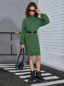 SHEIN Girls' Turtleneck Knit Midi Dress, Oversized And Relaxed Fit - Army Green - View 1