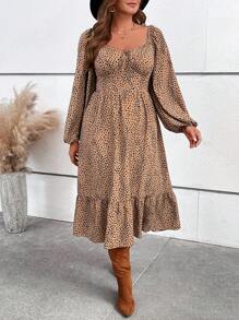 SHEIN VCAY Đầm tay đèn lồng họa tiết báo kỳ nghỉ cỡ lớn mùa thu - Nhiều màu - Xem 6