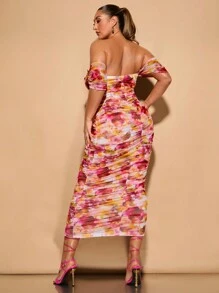SHEIN BAE Plus Size Women Elegant Floral Print Off Shoulder Sweet Date Ruched Stretch Mesh Midi Dress - Multicolor - View 2