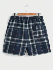 Manfinity VCAY 2 piezas Conjunto casual de camisa de manga corta con cuello abotonado a cuadros y pantalones cortos para hombre - Azul Marino - Ver 3