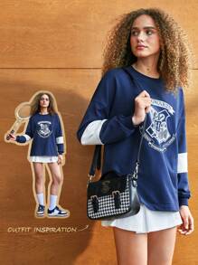 GLOWMODE GLOWMODE X HARRY POTTER Everyday Terry Oversized Hogwarts Print Crew Neck Sweatshirt Daily Casual