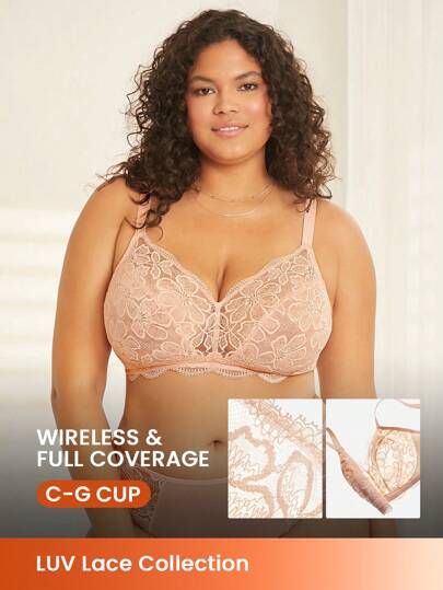 LUVLETTE 加大性感内衣休闲曲线全覆盖无衬里蕾丝优雅透明轻盈舒适 Bralette 缩小胸罩