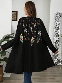EMERY ROSE Plus Size Women's Casual Feather Retro Pattern Loose Long Sleeve Cardigan, Summer - Black - View 1