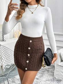 SHEIN Clasi Women's Single-Breasted Fitted Knit Skirt - Coffee Brown - View 6
