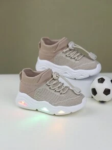 Zapatillas deportivas con luz brillante, suela suave y duradera, zapatos de contraste de color con banda elástica de tela transpirable para niños - Beis - Ver 4