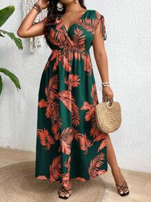 SHEIN Holidaya Plus Size Nữ Nhiệt Đới In Họa Tiết Surplice Cổ V Maxi Thường Ngày - Màu xanh lá cây đậm - Xem 5