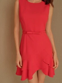 MOTF STUDIO SOLID LAYERED ASYMMETRICAL RUFFLE HEM BOW BELTED SHORT DRESS, NEW YEAR OUTFIT - Red - View 3